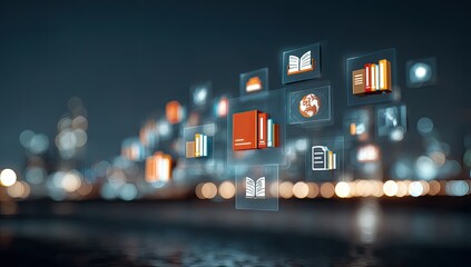 Abstract digital interface overlaying cityscape at night