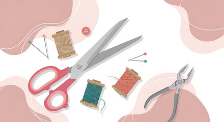 Creative sewing and needlework workspace illustration in soft blush tones showcasing tailoring