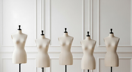 Elegantly structured mannequins against a white paneled wall creating a fashion forward aesthetic