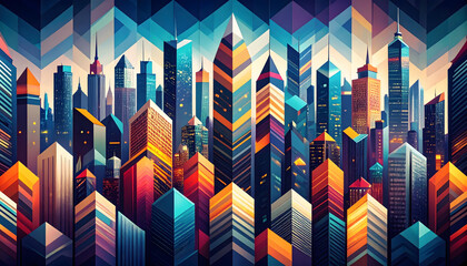 Pixelated Cityscape Illustration Showing Buildings And Skyscrapers With Geometric Pattern Design In Urban Night