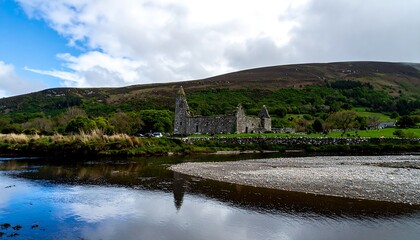Ruined church by river, hills