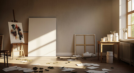 Sunlit Artist's Studio with Canvases, Easel, and scattered Paper on the Floor evokes Creative