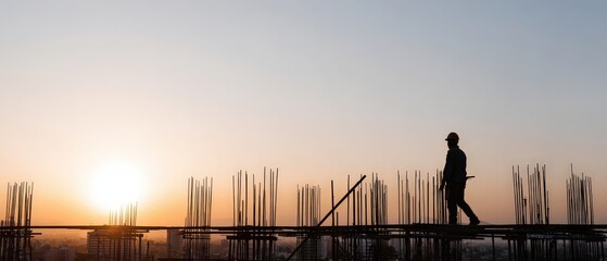 Fototapeta premium Worker Silhouetted on Construction Site at Sunset with City View