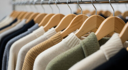 Arrangement of sweaters on wooden hangers displaying a cozy and organized wardrobe concept
