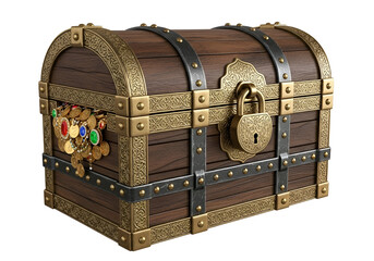 Elegant medieval-style treasure chest with ornate gold detailing and lock system