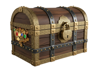 Elegant medieval-style treasure chest with ornate gold detailing and lock system
