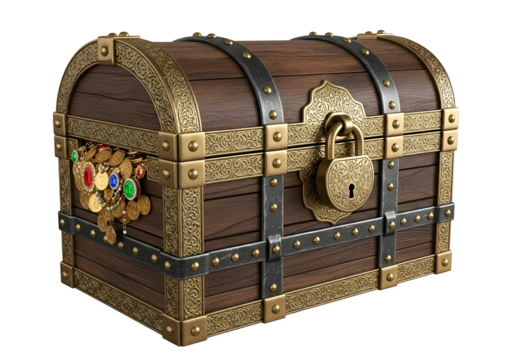 Elegant medieval-style treasure chest with ornate gold detailing and lock system