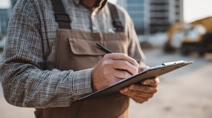 Construction Worker Taking Notes at Building Site During Daylight