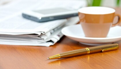 Close-up of wooden table with gold pen, coffee cup, newspapers, and smartphone. Suggests a calm morning routine or focused workspace for reading, writing, or planning.