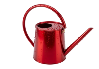 Elegant Red metal watering can with a curved handle and long spout against a black background