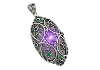 Elegant silver pendant with intricate filigree design and vibrant amethyst gemstone centerpiece