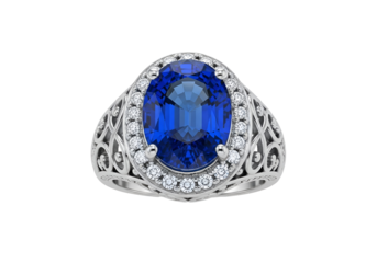 Elegant silver ring featuring a large oval-cut blue sapphire surrounded by sparkling diamonds on a
