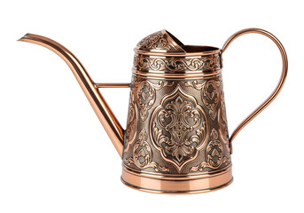 Elegant vintage copper watering can with ornate engraved floral patterns for garden and decorative