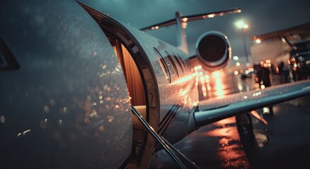 Jet door opening at night, rain