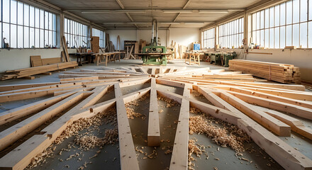 Carpenter workshop with lumber and wood dust forming radiating design showcasing woodworking