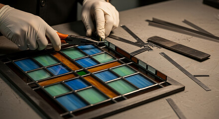 Artisan carefully crafting a stained glass panel using pliers and metal strips for framework