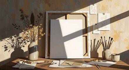 Creative workshop atmosphere featuring a blank canvas, paints, and delicate floral arrangements in