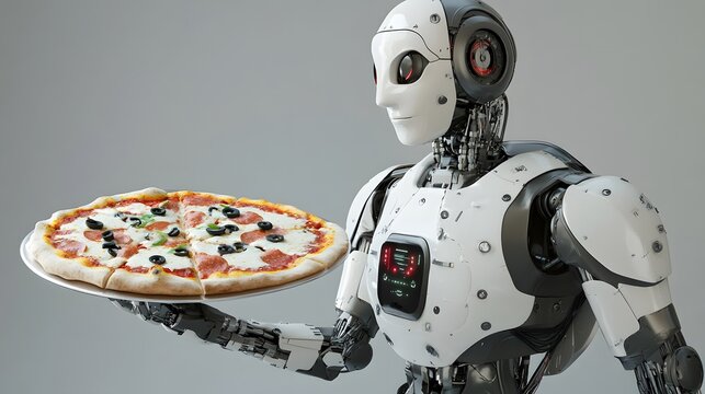 A robot holds a pizza on a gray background, with space for text. Food delivery service