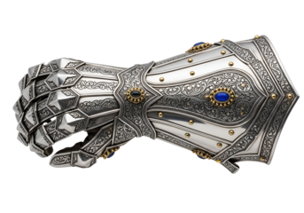 Exquisite medieval-style armored gauntlet with intricate engravings and gemstone embellishments