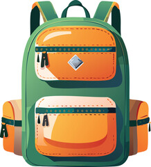 A vibrant, cartoon-style illustration depicts a green and orange backpack with pockets and zippers.