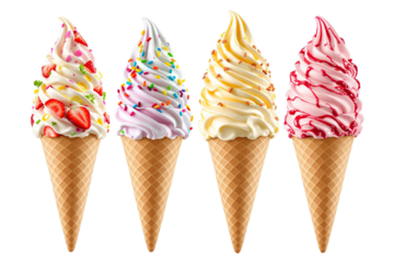 Set bundle of vibrant ice cream scoops, colorful flavor transparent PNG isolated background. Strawberry, tutti frutti, neapolitan, raspberry ripple flavors, summer presentation, scoop flavour cue