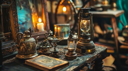 Old world tea and potion setup with mystical candles cups and vials on magical dark table scene
