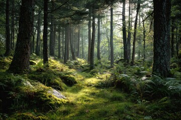 Sunlit path through a misty forest