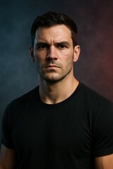 Obraz premium Serious caucasian young adult male with short dark hair in black shirt