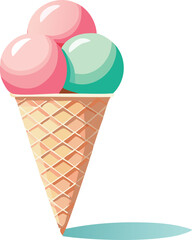 A vibrant illustration of a waffle cone holding three scoops of colorful ice cream.