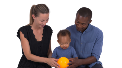 A joyful mixed-race family playing together, focusing on a toddler with an orange ball, creating a heartwarming moment.