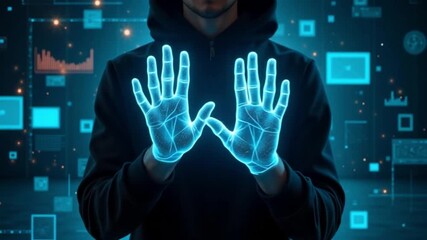 Person in hoodie with glowing blue hands in front of a digital background design space
