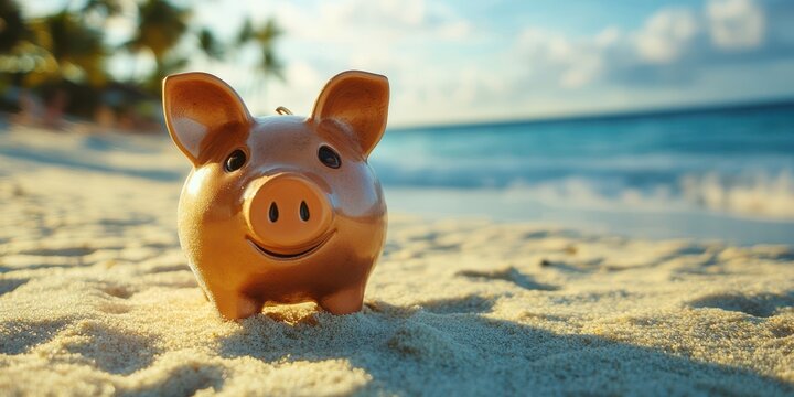 Piggy bank on sandy beach with ocean waves and palm trees during sunset - Powered by Adobe