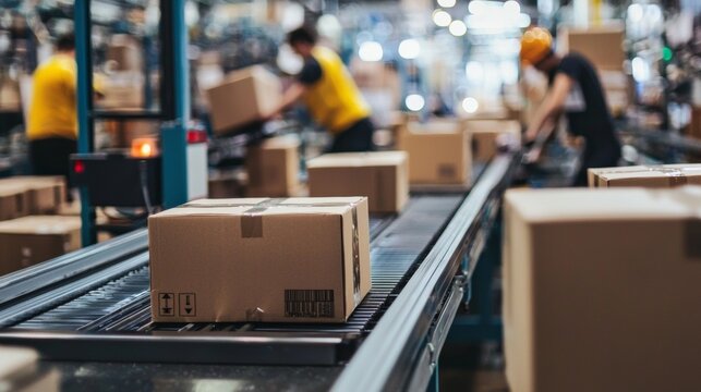 Ecommerce warehouse workers managing cardboard boxes on conveyor system with automated packaging logistics concept - Powered by Adobe