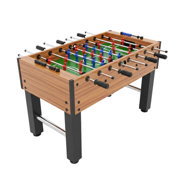 Classic wooden foosball table with colorful player figures and metal legs isolated on transparent background