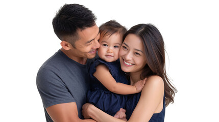 Smiling Asian couple joyfully holding their daughter, creating a warm family moment.