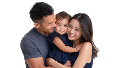 Smiling Asian couple joyfully holding their daughter, creating a warm family moment.