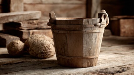 Fototapeta premium Rustic wooden bucket on old table with natural light and countryside vintage interior aesthetic setting