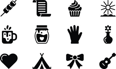 Collection of twelve simple black glyph icons:  food, nature, objects, and musical instrument symbols.