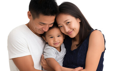 A joyful Asian couple embraces their adorable young child, showcasing a moment of love and family connection.