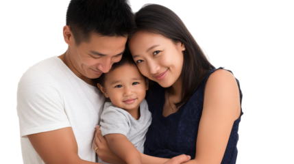 A joyful Asian couple embraces their adorable young child, showcasing a moment of love and family connection.