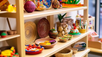 A wooden shelf displaying an assortment of decorative items including bowls plates and ornamental spheres