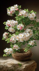 White blossoms in a nest on a stone