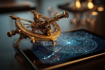 Sextant on tablet displaying data visualization, dark background. Tech, exploration
