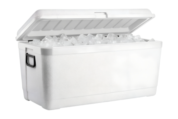 A sturdy large white portable cooler with an open lid is completely filled with clear ice. This transparent, isolated PNG.