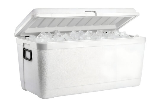 A sturdy large white portable cooler with an open lid is completely filled with clear ice. This transparent, isolated PNG.