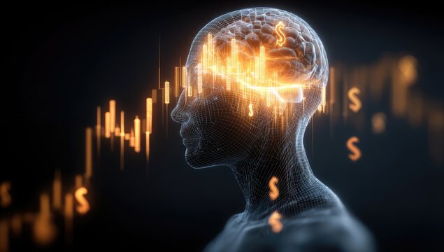 Abstract digital illustration of a head, financial data