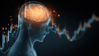 Obraz premium 3D human head, brain activity, financial data