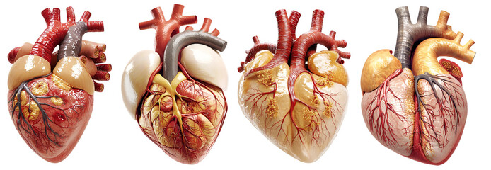 Collection of detailed human heart anatomy illustration with realistic internal organs isolated on white background