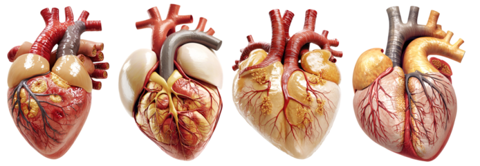 Collection of detailed human heart anatomy illustration with realistic internal organs isolated on white background