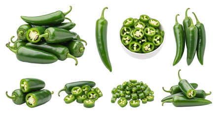 Collection of fresh green jalape o peppers whole sliced and diced in a bowl isolated on transparent background